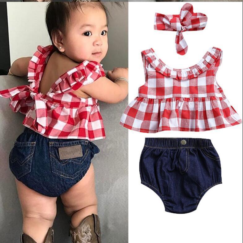 2019 Summer baby girl clothing set Plaid Skirted T-shirt Tops+Denim Short Bloomers Headband  baby girl clothes Newborn Outfits