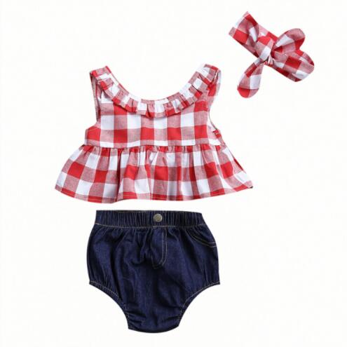 2019 Summer baby girl clothing set Plaid Skirted T-shirt Tops+Denim Short Bloomers Headband  baby girl clothes Newborn Outfits